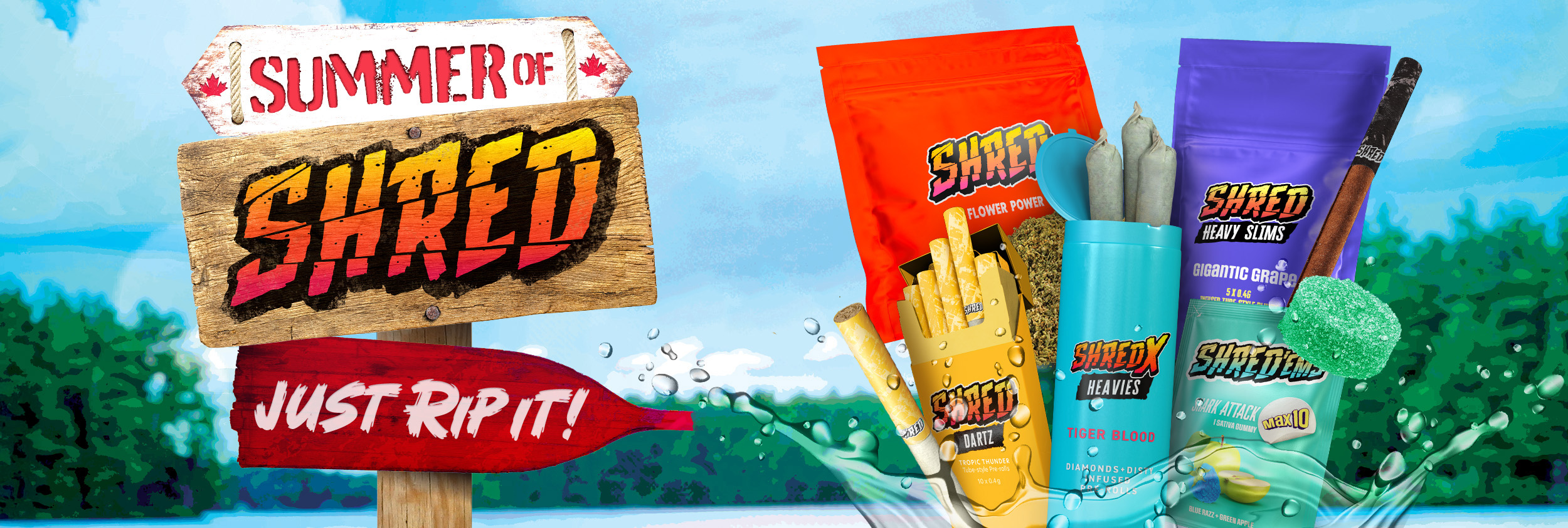 A wooden sign saying 'Summer of Shred: Just Rip It!' beside an assortment of Shred products. In the backgrounds is a forest and lake.