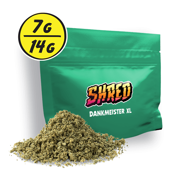 A green bag of Shred 7 or 14 gram Dankmeister XL pre-milled flower.