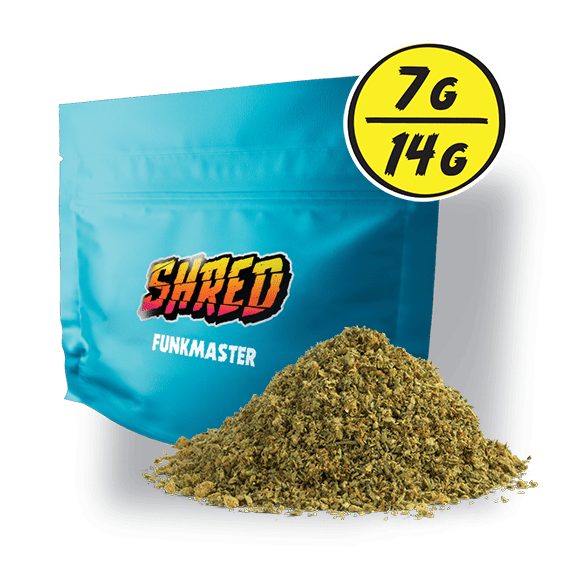 A blue bag of Shred 7 or 14 gram Funk Master pre-milled flower.
