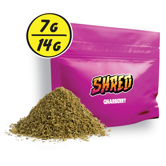 A pink bag of Shred 7 or 14 gram Gnarberry pre-milled flower.
