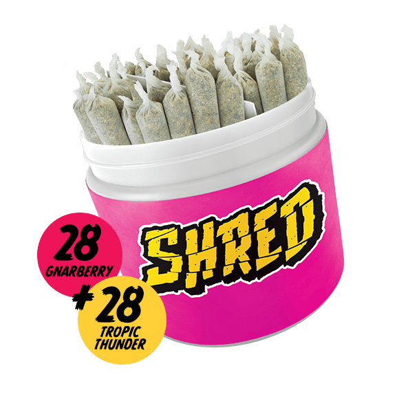 A pink jar of Shred Big Jar of Joints.