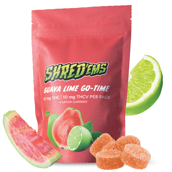 A salmon pink bag of Guava Lime Go-Time THCV gummies.