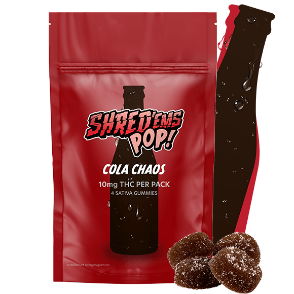 A red bag of Shred'ems Cola Chaos gummies.