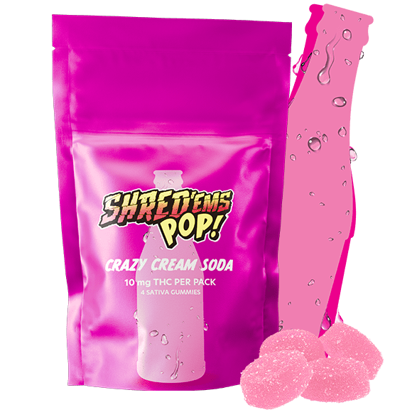 A pink bag of Shred'ems Crazy Cream Soda.