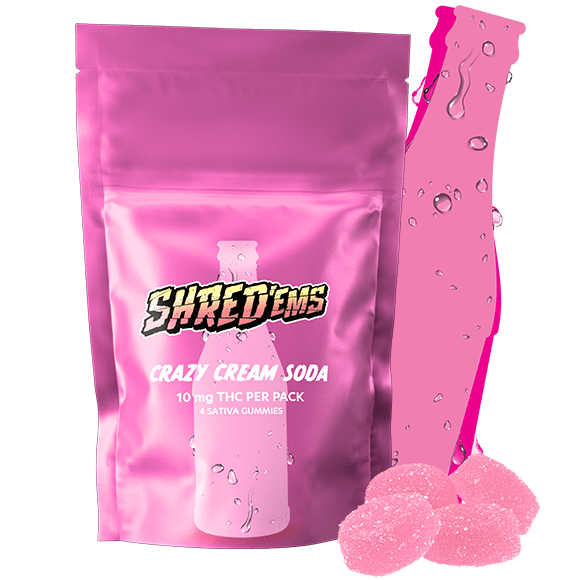 A pink bag of Crazy Cream Soda Shred'ems.