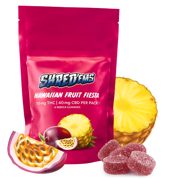 A pink bag of Shred Hawaiian Fruit Fiesta gummies.