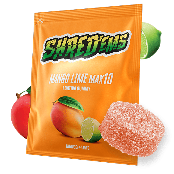 An orange bag of Shred'ems MAX10 Mango Lime, with a gummy beside it.