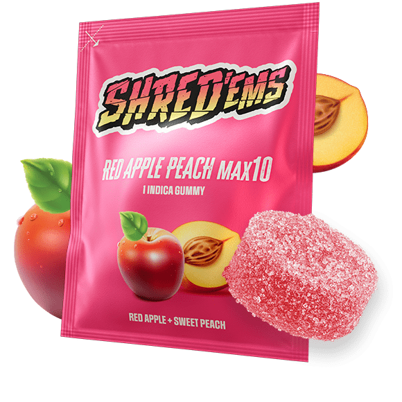 A red bag of Shred'ems MAX10 Red Apple Peach, with a gummy beside it.