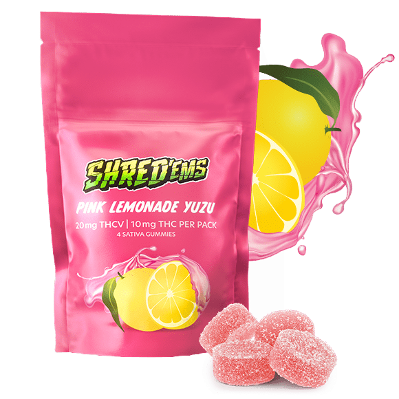 A pink bag of Shred Pink Lemonade Yuzu gummies.