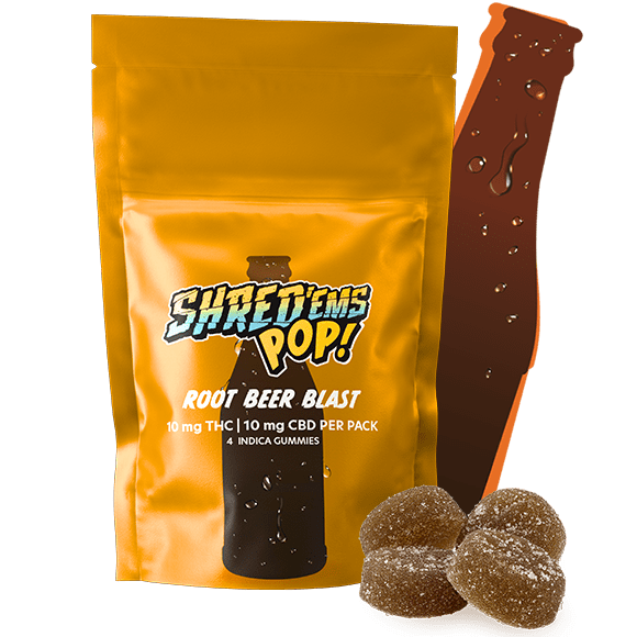An orange bag of Shred'ems Root Beer Blast gummies.