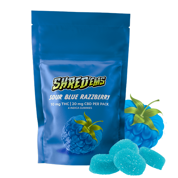 A blue bag of Shred'ems Sour Blue Razzberry gummies.