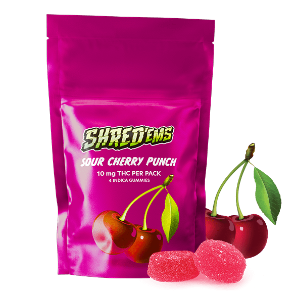 A pink bag of Shred'ems Sour Cherry Punch gummies.