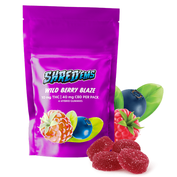 A purple bag of Shred'ems Wild Berry Blaze gummies.