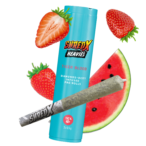 A blue tube with a Shred X Heavy, a watermelon, and strawberries.