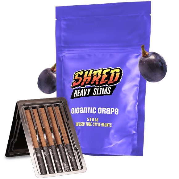 A purple bag of Shred Heavy Slims.