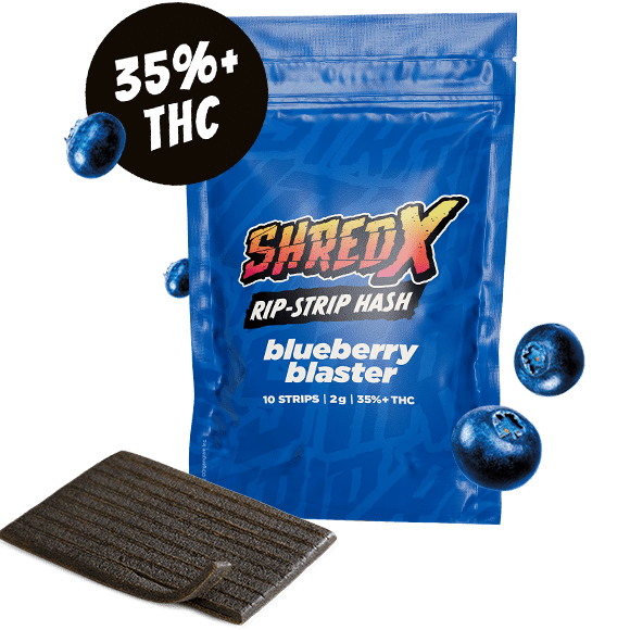 A blue bag of Shred-X Blueberry Blaster Rip Strip Hash.