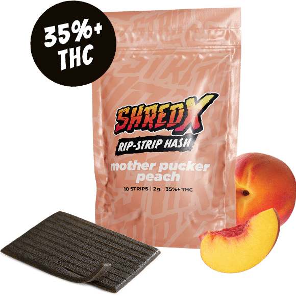 A peach bag of Shred-X Mother Pucker Peach Rip Strip Hash.