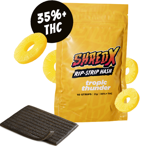 A yellow bag of Shred-X Tropic Thunder Rip Strip Hash.