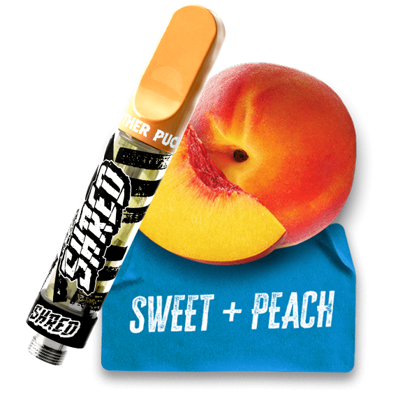 A Shred Mother Pucker Peach vape with a badge beside it with the words "Sweet plus Peach".