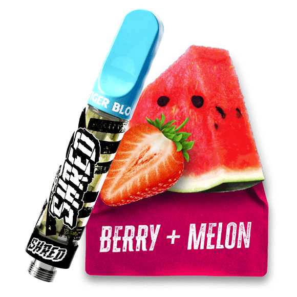 The Shred Tiger Blood vape with a badge beside it reading "Berry plus Melon".