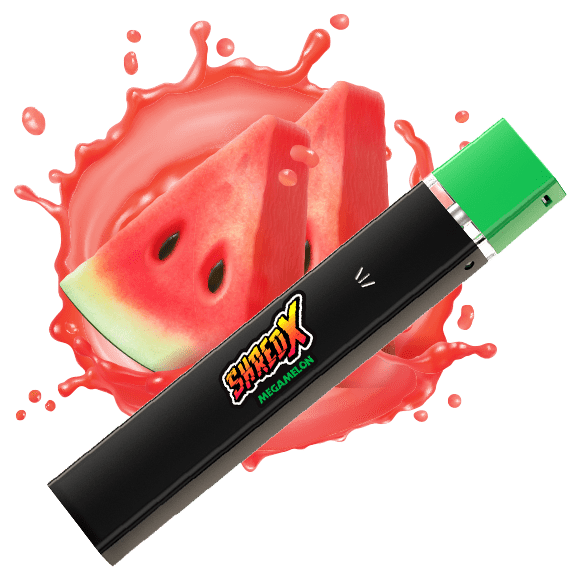 A green-capped ShredX Megamelon vape cartridge.