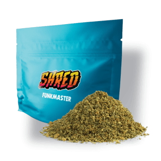 A blue bag of Shred 7 or 14 gram Funk Master pre-milled flower.