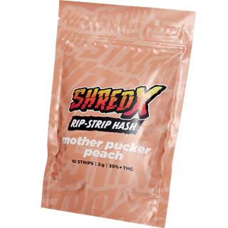 A peach bag of Shred X Mother Pucker Peach Rip-Strip Hash.
