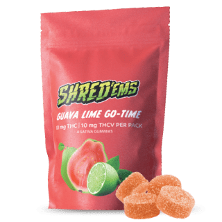 A salmon pink bag of Guava Lime Go-Time THCV gummies.