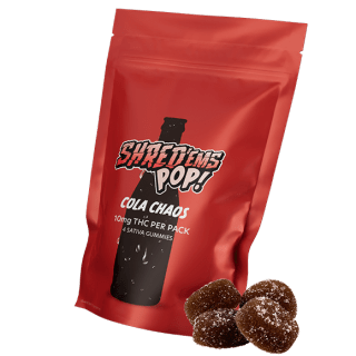 A red bag of Shred'ems Cola Chaos gummies.