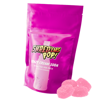 A pink bag of Shred'ems Crazy Cream Soda.
