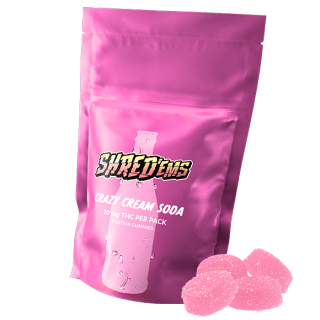 A pink bag of Crazy Cream Soda Shred'ems.