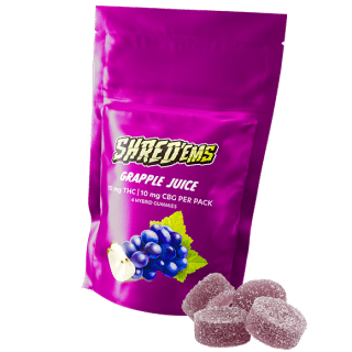 A purple bag of Shred'ems Grapple Juice gummies.