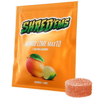 An orange bag of Shred'ems MAX10 Mango Lime with a gummy beside it.