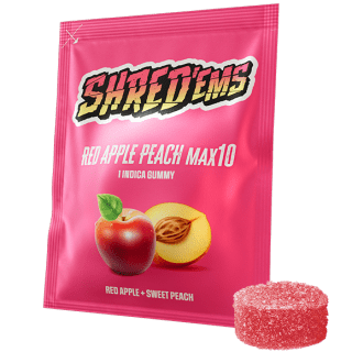 A red bag of Shred'ems MAX10 Red Apple Peach, with a gummy beside it.