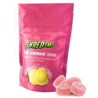 A pink bag of Shred Pink Lemonade Yuzu gummies.
