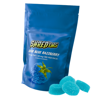 A blue bag of Shred'ems Sour Blue Razzberry gummies.