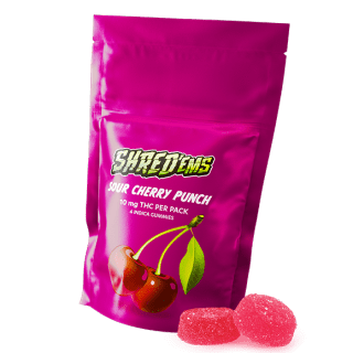 A pink bag of Shred'ems Sour Cherry Punch gummies.