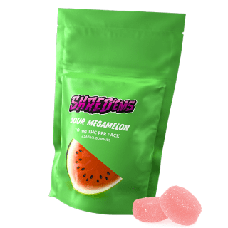 A green bag of Shred'ems Sour Megamelon gummies.