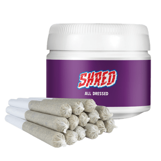 A purple jar of Shred's All Dressed Jar of Joints.