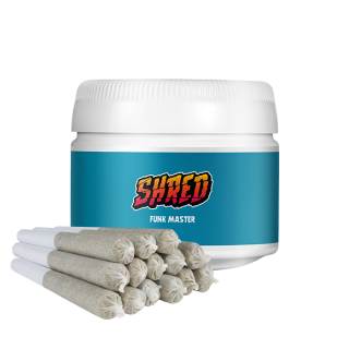 A blue jar of Shred Funk Master joints.