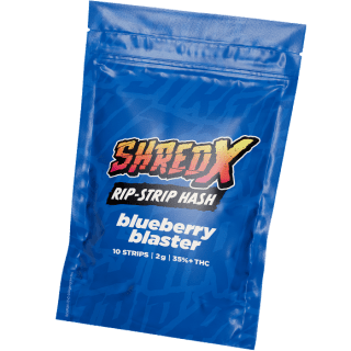 A blue bag of Shred-X Blueberry Blaster Rip Strip Hash.